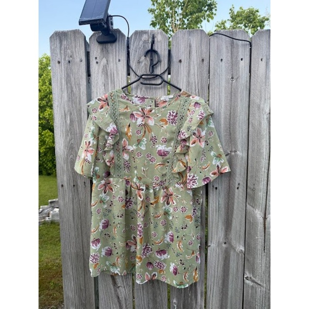 Jodifl Womens Sage Green Floral Ruffle Crochet Trim Babydoll Blouse Size M